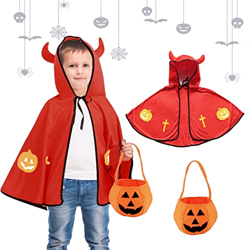 May Huang Kinder Halloween Kostüm, Kostüm für Kinder Teufelkostüm, Teufel Umhang, Kürbis Candy Bag, für Cosplay Verkleidung Fasching Karneval Halloween Geburtstagsparty (Rot) von May Huang