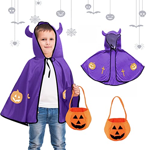 May Huang Kinder Halloween Kostüm, Kostüm für Kinder Teufelkostüm, Teufel Umhang, Kürbis Candy Bag, für Cosplay Verkleidung Fasching Karneval Halloween Geburtstagsparty (Violett) von May Huang
