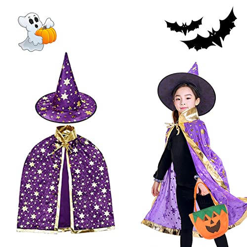 May Huang Kinder Halloween Kostüm, Wizard Cape, Witch Umhang ​mit Hut, Kürbis Candy Bag, Cosplay-Kostüme für Kinder, für Cosplay Verkleidung Fasching Karneval Halloween Geburtstagsparty (Violett) von May Huang