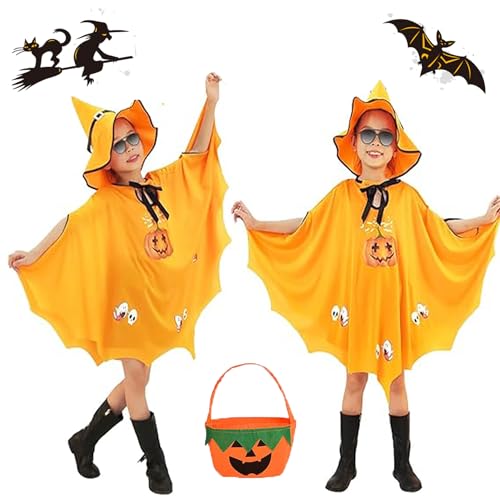 May Huang Kinder Halloween Kostüm Hexe Zauberer Umhang mit Hut und Kürbis Candy Bag, Witch Umhang Wizard Cape Halloween Kostüme für Kinder Cosplay Requisiten (Gelb) von May Huang