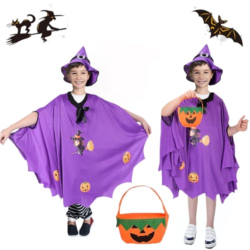 May Huang Kinder Halloween Kostüm Hexe Zauberer Umhang mit Hut und Kürbis Candy Bag, Witch Umhang Wizard Cape Halloween Kostüme für Kinder Cosplay Requisiten (Lila) von May Huang