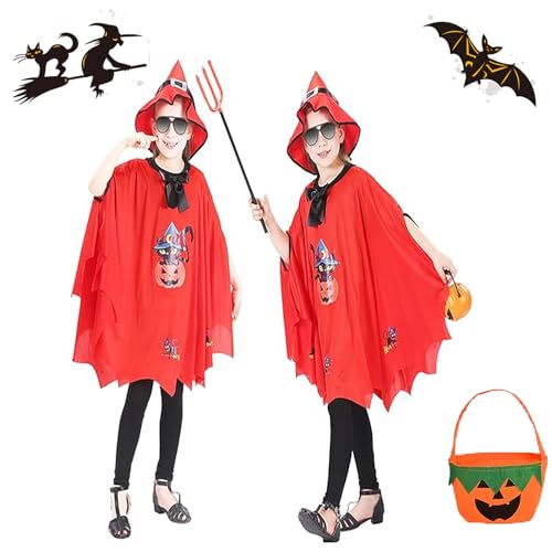 May Huang Kinder Halloween Kostüm Hexe Zauberer Umhang mit Hut und Kürbis Candy Bag, Witch Umhang Wizard Cape Halloween Kostüme für Kinder Cosplay Requisiten (Rot) von May Huang