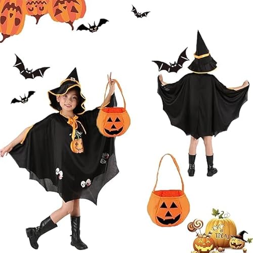 May Huang Kinder Halloween Kostüm Hexe Zauberer Umhang mit Hut und Kürbis Candy Bag, Witch Umhang Wizard Cape Halloween Kostüme für Kinder Cosplay Requisiten (Schwarz) von May Huang