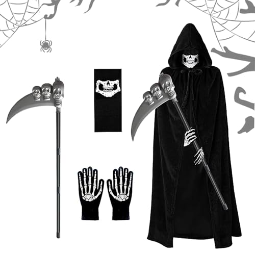 May Huang Sensenmann Kostüm, Halloween Umhang Schal Handschuhe Sense Set, Halloween Kostüm Erwachsene, Sensenmann Kapuzenumhang für Halloween Dekoration, Cosplay, Karneval May Huang Sensenmann Kostüm, Halloween Umhang Schal Handschuhe Sense Set, Halloween Kostüm Erwachsene, Sensenmann Kapuzenumhang für Halloween Dekoration, Cosplay, Karneval von May Huang