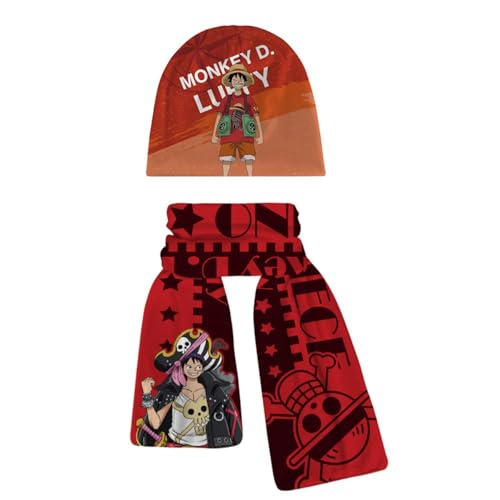 MayDee 2 Stück Anime Luffy Schal & Strickmütze, Herbst Und Winter Warmes Set, Weich Und Bequem Hautfreundlich Für Kinder Studenten Unisex, Mehrfarbig von MayDee