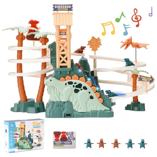 Maycoly Dinosaurier Kletterrutsche Spielzeug Rennbahn Doppelschleifenbahn Rutsche mit Musik Dinosaurier Klettern Treppe Spielzeug für Kinder Intelligenz pädagogische Puzzle Playsets ab 3 Jahre, Grün von Maycoly