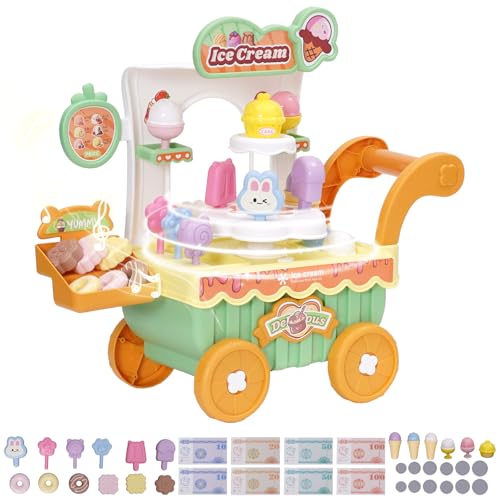 Eiscreme-Spielzeug,Einkaufswagen für Kinder mit Lutscher, Schokolade,EIS, Donuts, Musik,Rollenspiel Trolley Cart Spielset Lernspielzeug Geschenk für Kinder ab 3+ Jahren Junge Mädchen (Grün) von Maycoly