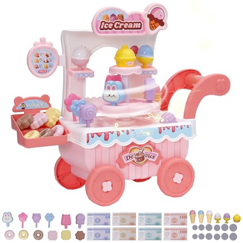 Eiscreme-Spielzeug,Einkaufswagen für Kinder mit Lutscher, Schokolade,EIS, Donuts, Musik,Rollenspiel Trolley Cart Spielset Lernspielzeug Geschenk für Kinder ab 3+ Jahren Junge Mädchen (Rosa) von Maycoly