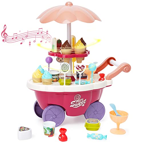 Eiscreme-Spielzeug 36 Stück Kinder Eiscreme Eisverkauf Spielset-Set Süßigkeitenwagen mit Süßigkeiten, Lutscher, Schokolade, großer Stauraum, Musik, Rollenspiel Geschenk für Kinder Mädchen ab 3 Jahre von Maycoly