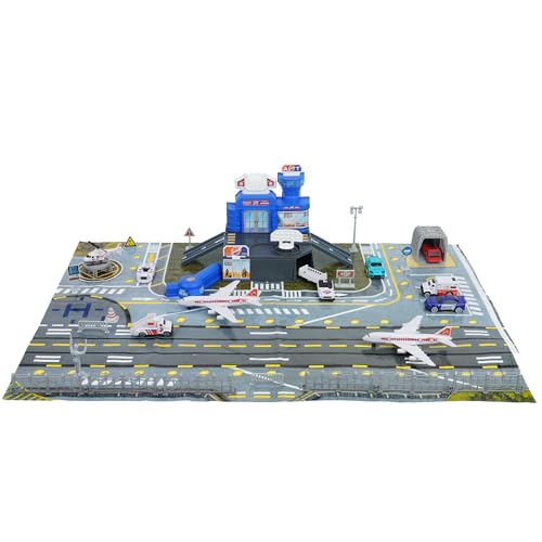 Flugzeug-Spielzeug für Kinder mit Hubschrauber, Lastwagen, Flugzeug, Schilder, Feuerwehrautos und Flughafen-Spielmatte, Parkgarage Spielset Geschenk für Kinder 3+ Jungen Mädchen von Maycoly