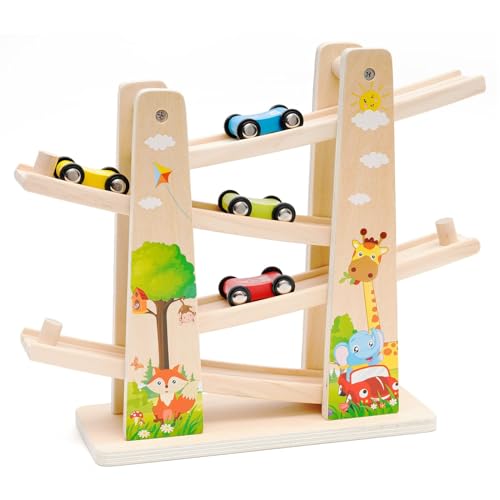 Holz Kugelbahn Autorennbahn mit 4 Autos Zick-Zack-Autorutsche Autorennbahn Holz Spielzeug Rennbahn Lernspielzeug Geschenk für Kinder Jungen Geschenke von Maycoly