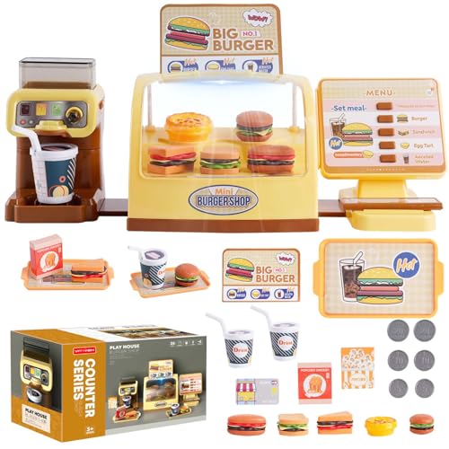 Burger Shop Spielzeug Rollenspiel Küchenzubehör Spielset mit Kaffeemaschine Kinder Registrierkasse Spielzeug Lebensmittel mit Burger Sandwich Frühes Lernspielzeug für Kinder Geburtstag von Maycoly