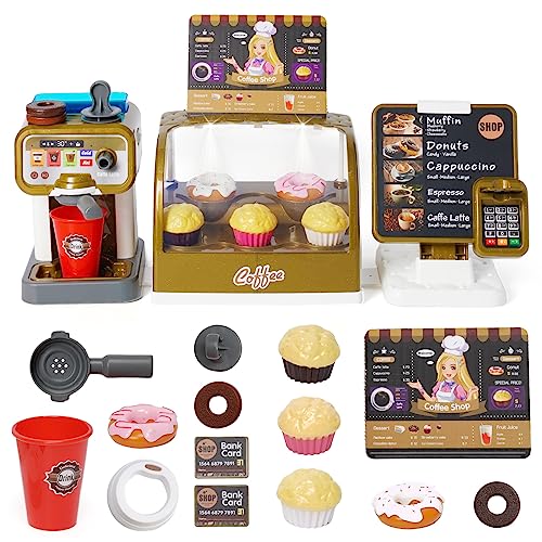 Kaffeemaschine Kinder, Rollenspiel Spielzeug mit Kaffeemaschine und gefälschten Donuts, Zubehör, Touchdisplay, Registrierkasse Spielzeug für Jungen, Mädchen ab 3 Jahren von Maycoly