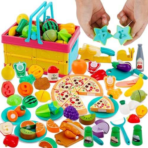 Kinderküche Spielküche Zubehör, 77 PCS Matschküche Kinder Outdoor Schneiden Obst Gemüse Lebensmittel Rollenspiele Matschküche Zubehör mit Spielzeug Lebensmittel Kindergeschirr Picknickkorb Kinder von Maycoly