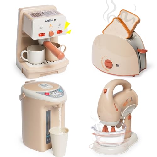 Kinderküche Spielset Küche Rollenspiel Set mit Kaffeemaschine: Espressomaschine Wasserspender Rührgerät, Toaste, Geschirr Küchen Frühstücksset Kaffeemaschinen-Spielset für Kinder 3+ von Maycoly