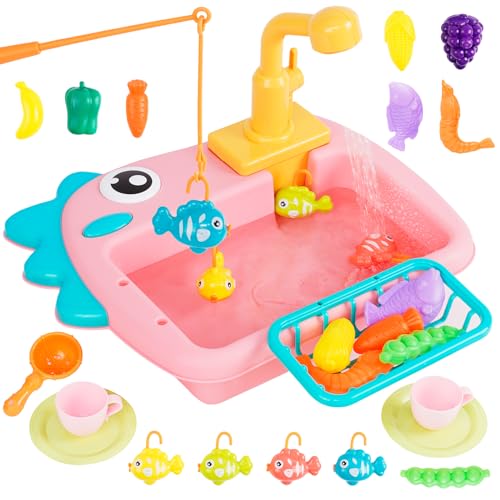 Küchenspüle Spielzeug Set mit Angelspiel, Fließendes Wasser Spülmaschine, Küchenutensilien,Rollenspiel Spielzeug für Kleinkinder Kinder Mädchen ab 3 Jahre Rosa von Maycoly