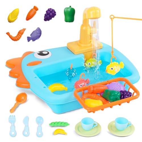 Küchenspüle Spielzeug Set mit Wasserkreislauf Geschirrspüler Küchenspielset mit fließendem Wasser Spülbecken Küchenset Geschirrzubehör Angelspiel Geschenk für Mädchen Jungen Blau von Maycoly