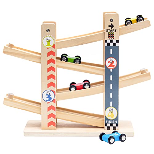 Holz Kugelbahn Autorennbahn Zick-Zack-Auto-Rutschbahn mit 4 Holzautos Spielsets, Rennen Autospielzeug,Click Clack Track Holzautospielzeug für Kinder Jungen Mädchen 1 2 3 4 von Maycoly