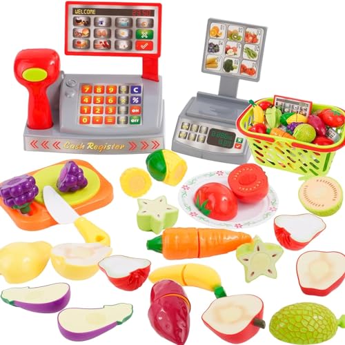 Maycoly Kinder Kasse Spielzeug Supermarkt Registrierkasse mit Scanner, Sound, Küchenspielzeug Schneiden Obst Gemüse Lebensmittel mit Einkaufskorb Kaufladen Zubehör Rollenspiel Spielzeug für Kinder von Maycoly