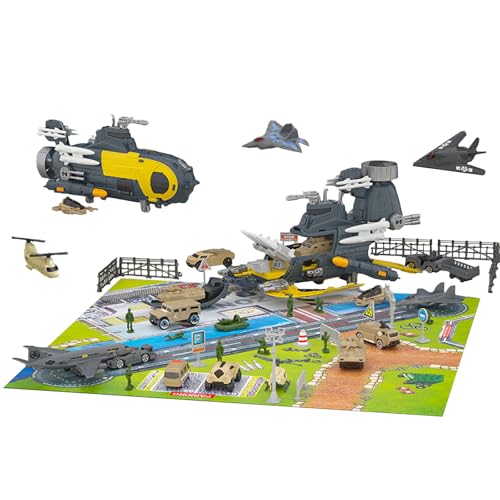 Maycoly Marine Militär Spielzeug,Militärisches U-Boot-Modell,Verformbar,Enthält 18 Transportarten mit Verkehrsschildern und Spielmatten,Flugzeug Spielzeug,Flugzeugträger Spielzeugset für Kinder 3+ von Maycoly