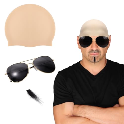 Mr Worldwide Kostümzubehör-Set – Glatzenmütze, schwarze Sonnenbrille & Seelenaufnäher – Musik-Ikonen-Kostüm-Set für Männer und Frauen – Glatzenperücke, Promi-Look von Mayoii