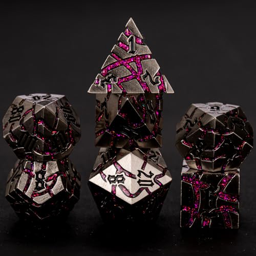 Maywin Metallwürfel-Set D&D, Crack Metallic DND-Würfel-Set mit Box, Metall-Glitzer-RPG-Würfel für Dungeons and Dragons Tischspiel (Antik-Silber, Rosarot) von Maywin