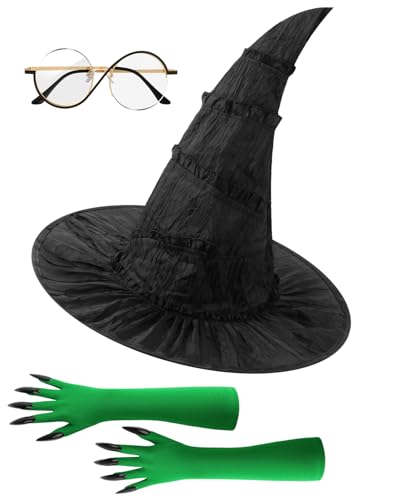 Mazholoths Hexenkostüm, Halloween-Set, Hexenhut, Brille, grüne Krallenhandschuhe, Zubehör, Halloween, Film, Cosplay, Requisiten für Erwachsene und Frauen, 4 Stück Mazholoths Hexenkostüm, Halloween-Set, Hexenhut, Brille, grüne Krallenhandschuhe, Zubehör, Halloween, Film, Cosplay, Requisiten für Erwachsene und Frauen, 4 Stück von Mazholoths