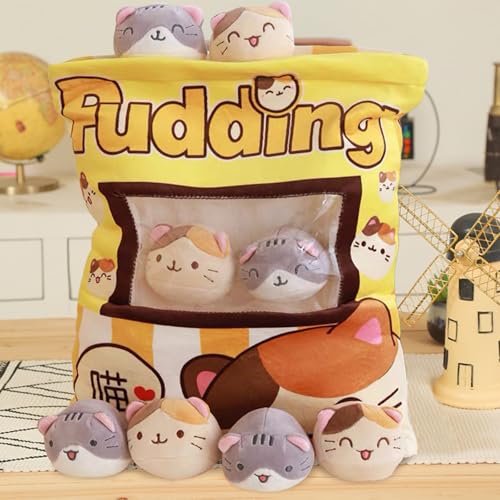 MeHoo Katze Plüsch Kissen, Pudding Peluche, Kätzchen Pudding Kissen, SnackKissen Kuscheltier, Reißverschluss Design, Abnehmbar, Gefüllt mit kleinen Puppen innen (Gelbe Katze) von MeHoo