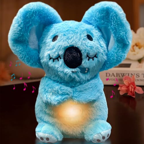 Schlummer Koala Kuscheltier mit Rhythmischen Atembewegung, Musik und Warmes Licht, Atmender Koala Plüschtier, Baby Einschlafhilfe Neugeborenen Geschenk (Blau) von MeHoo