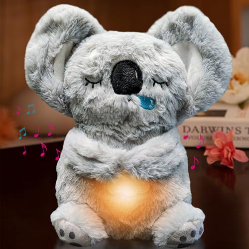 Schlummer Koala Kuscheltier mit Rhythmischen Atembewegung, Musik und Warmes Licht, Atmender Koala Plüschtier, Baby Einschlafhilfe Neugeborenen Geschenk (Grau) von MeHoo
