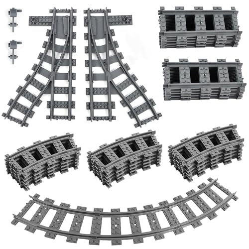 28 Stück City Schienen Eisenbahn Schienen Set kompatibel mit dem Marktführer (8 Gerade Schienen,18 Kurven, 1 Rechte Weiche, 1 Linke Weiche) von MeYuxg