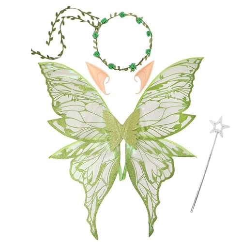 Feenflügel Kostüm,Damen Mädchen Schmetterlings Feenflügel Elfenflügel,mit Elfenohren Blumenkranz Zauberstab Flügel,Feenflügel Kinder für Karneval Halloween Rollenspiele Comic Con Themed Party(Grün) Feenflügel Kostüm,Damen Mädchen Schmetterlings Feenflügel Elfenflügel,mit Elfenohren Blumenkranz Zauberstab Flügel,Feenflügel Kinder für Karneval Halloween Rollenspiele Comic Con Themed Party(Grün) von MeYuxg