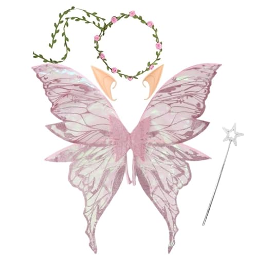 Feenflügel Kostüm,Damen Mädchen Schmetterlings Feenflügel Elfenflügel,mit Elfenohren Blumenkranz Zauberstab Flügel,Feenflügel Kinder für Karneval Halloween Rollenspiele Comic Themed Party (Rosa) Feenflügel Kostüm,Damen Mädchen Schmetterlings Feenflügel Elfenflügel,mit Elfenohren Blumenkranz Zauberstab Flügel,Feenflügel Kinder für Karneval Halloween Rollenspiele Comic Themed Party (Rosa) von MeYuxg