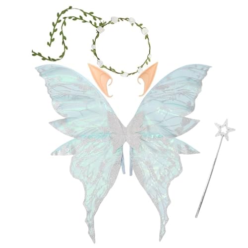 Feenflügel Kostüm,Damen Mädchen Schmetterlings Feenflügel Elfenflügel,mit Elfenohren Blumenkranz Zauberstab Flügel,Feenflügel Kinder für Karneval Halloween Rollenspiele Comic Themed Party (Blau) Feenflügel Kostüm,Damen Mädchen Schmetterlings Feenflügel Elfenflügel,mit Elfenohren Blumenkranz Zauberstab Flügel,Feenflügel Kinder für Karneval Halloween Rollenspiele Comic Themed Party (Blau) von MeYuxg