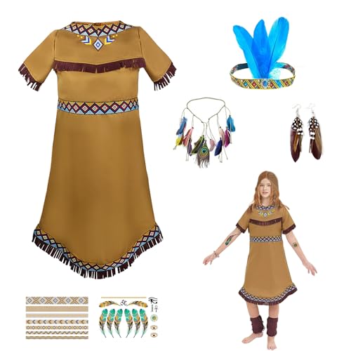 Indianer Kostüm Kinder, Kinderkostüm Indianerin Braun, Faschingskostüme Kinder Indianer Kostüm Damen, Indianer Kopfschmuck mit Stirnbänder, Ohrringe, Tattoo-Aufkleber, für Cosplay, Karneval, 130 Indianer Kostüm Kinder, Kinderkostüm Indianerin Braun, Faschingskostüme Kinder Indianer Kostüm Damen, Indianer Kopfschmuck mit Stirnbänder, Ohrringe, Tattoo-Aufkleber, für Cosplay, Karneval, 130 von MeYuxg