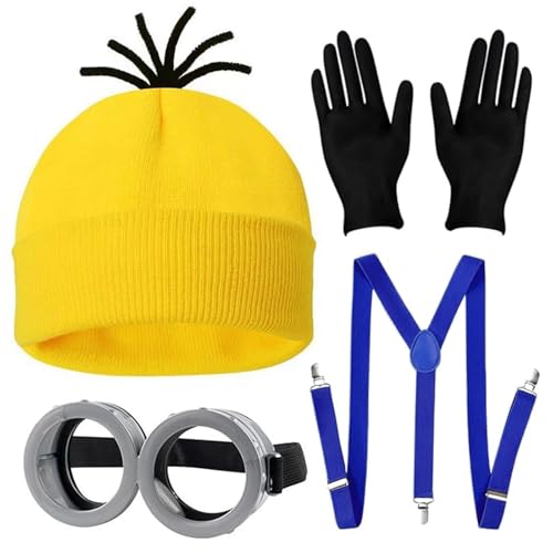 MeYuxg 4 Stück Minion Kostüm Zubehör, Karneval Kostüm für Erwachsene Kinder, Gelbe Hut + Brille + Handschuhe + Hosenträger für Halloween Dress Up von MeYuxg