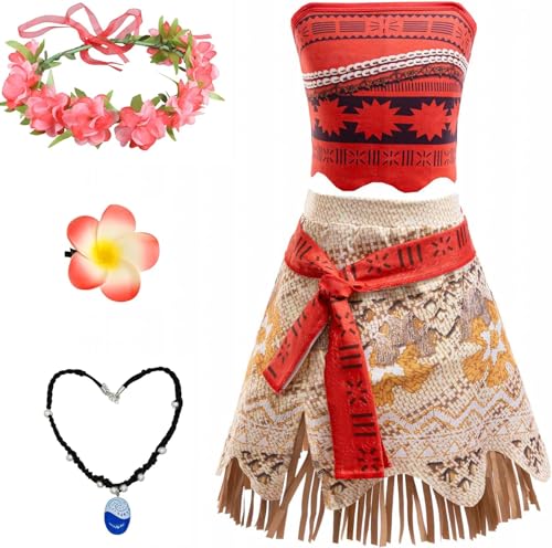MeYuxg 5 Pcs Vaiana Kostüm Mädchen，Druck Oberteil Rock mit Zubehör,Mädchen Fasching Cosplay Abenteuer Prinzessin Kleid,Halloween Weihnachten Karneval Festkleid für Kinder Geschenke (110) von MeYuxg