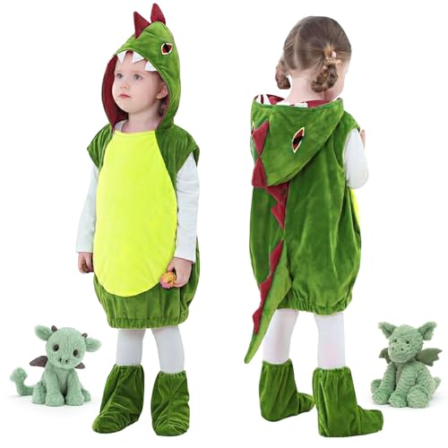 MeYuxg Dino Kostüm Kinder, Drachen Kostüm Kinder, Dinosaurier Kostüm mit Schuhüberzug, Dinokostüm Jungen Mädchen Baby, Tierkostüm Kinder für Karneval, Fasching (Grün, M) von MeYuxg