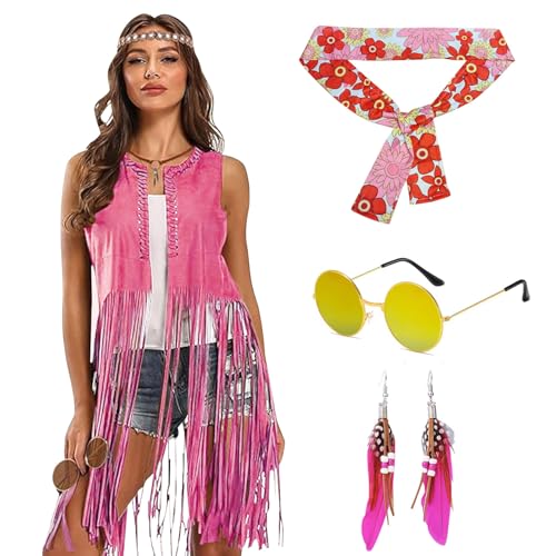 MeYuxg Hippie Kostüm Damen, Rosenrote Quaste Hippie Kleidung Damen,Fransenweste Damen mit Kopftuch, Brille, Ohrringen,Kostüm Hippie Frau für Karneval, Maskerade, Party, Festival, Cosplay（M） von MeYuxg