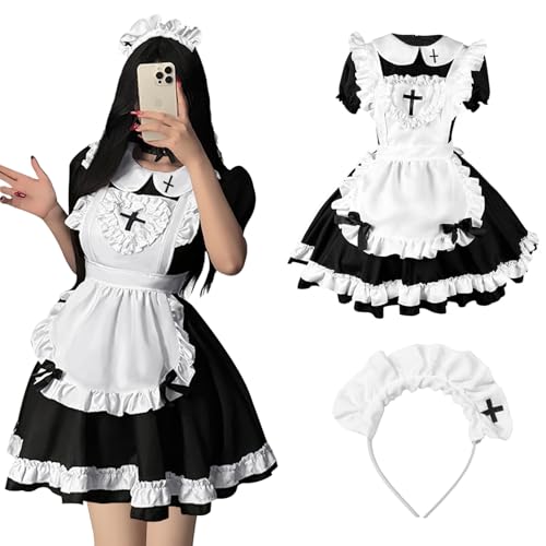 MeYuxg Maid Dress, Herzform Anime French Maid Dress Niedliche Cosplay Kleid, Maid Outfit mit Kopfbedeckung und Schürzen Geeignet für Halloween, Partys, Rollenspiele und Karneval(L) von MeYuxg