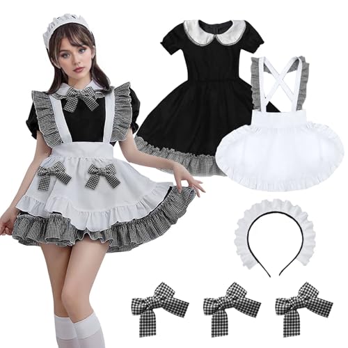MeYuxg Maid Dress, Niedliche Maid Cosplay Kleid, French Maid Dress Cosplay Women's, Schwarz Maid Kostüm, Kleid + Schürze + Kopfschmuck + Bogen*3, Karneval, Rollenspiel, Halloween etc (XXL) von MeYuxg