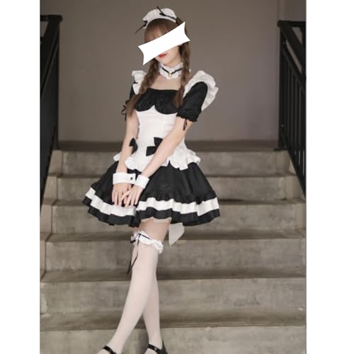 MeYuxg Maid Dress,Anime French Maid Dress,Schwarz Maid Kostüm Mit Weiße Strümpfen,Niedliche Maid Cosplay Kleid,Krawatte Rüschenschleife Dienstmädchen,Halloween,Karneval,Rollenspiel (L) von MeYuxg