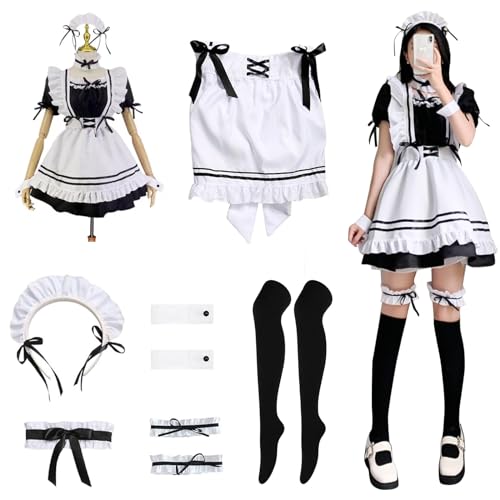 MeYuxg Maid Outfit, Anime French Maid Dress, Halloween Kostüm Damen, Niedliche Maid Cosplay Kleid, Dienstmädchen Kostüm mit Schürze Beinringe Schwarze Strümpfe, Maid Kostüm Schwarz, Größe S MeYuxg Maid Outfit, Anime French Maid Dress, Halloween Kostüm Damen, Niedliche Maid Cosplay Kleid, Dienstmädchen Kostüm mit Schürze Beinringe Schwarze Strümpfe, Maid Kostüm Schwarz, Größe S von MeYuxg