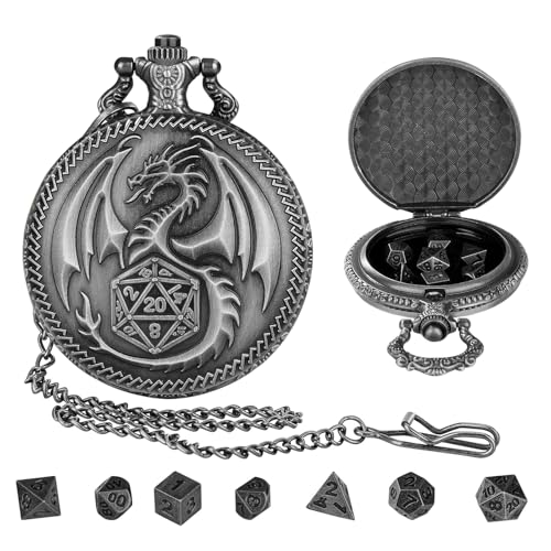 MeYuxg Mini DND Würfel Set mit Drachen Taschenuhr Gehäuse, 7-Teiliges D&D-Würfelset aus Polyedrischem Metall,DND-Würfelgeschenk Rollenspiel-Brettspielzubehör für Brettspiel-Dungeons(Bronze) von MeYuxg