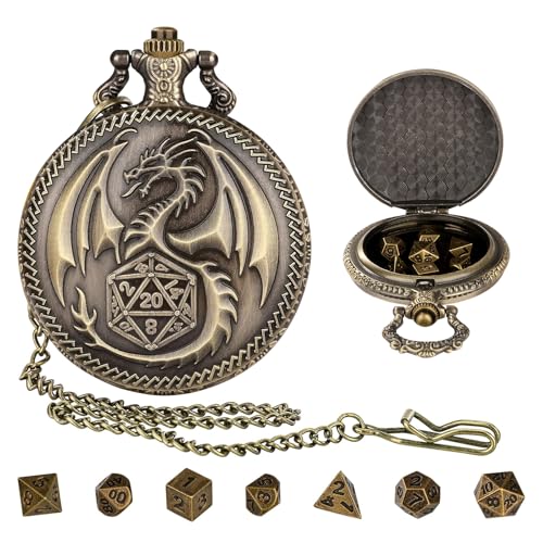 MeYuxg Mini DND Würfel Set mit Drachen Taschenuhr Gehäuse, 7-Teiliges D&D-Würfelset aus Polyedrischem Metall,DND-Würfelgeschenk Rollenspiel-Brettspielzubehör für Brettspiel-Dungeons(weiße Patina) von MeYuxg