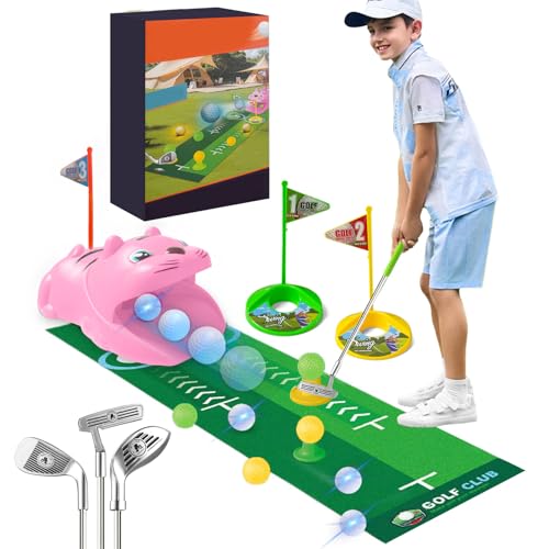 MeYuxg Minigolf Set Spielzeug für Kinder, 18PCS Indoor Outdoor minigolf Set, minigolf für zuhause mit 3 Bunten Golfschläger, 8 Bälle, Putting Matte Spielzeug, für Kindergolffans(18PCS, Gelb) (Rosa) von MeYuxg