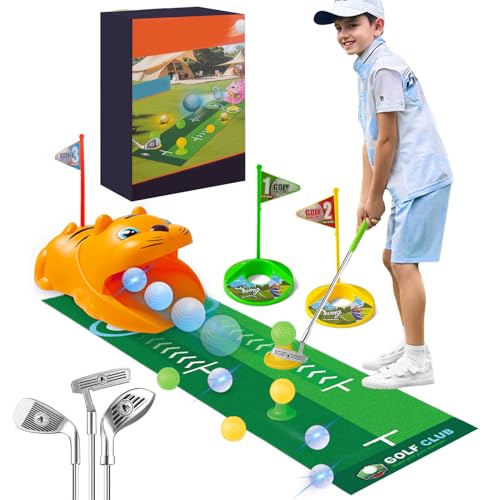 MeYuxg Minigolf Set Spielzeug für Kinder, 18PCS Indoor Outdoor minigolf Set, minigolf für zuhause mit 3 Bunten Golfschläger, 8 Bälle, Putting Matte Spielzeug, für Kindergolffans(18PCS, Gelb) von MeYuxg