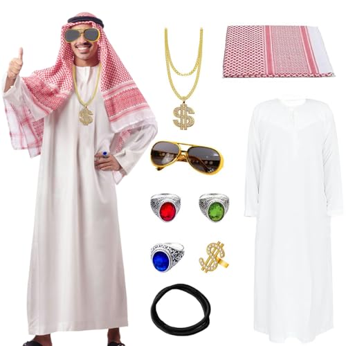 MeYuxg Scheich Kostüm für Herren, Karneval Araber Kostüm mit Kopftuch, Gewand, Finger Ring, Halsketten, Sonnenbrillen, Lustige Kostüme für Karneval, Party, Cosplay - XXL MeYuxg Scheich Kostüm für Herren, Karneval Araber Kostüm mit Kopftuch, Gewand, Finger Ring, Halsketten, Sonnenbrillen, Lustige Kostüme für Karneval, Party, Cosplay - XXL von MeYuxg