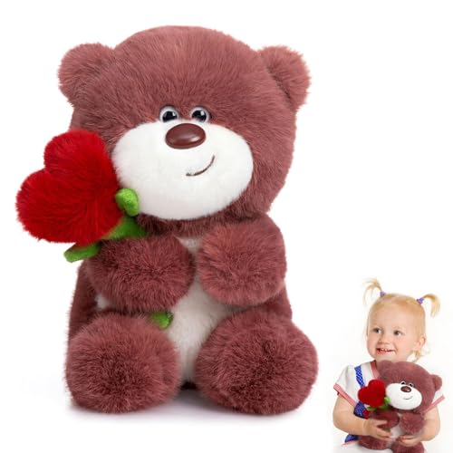 MeYuxg Teddybär, 28CM Teddy mit Herz Rose, Weich Süß Teddybär Valentinstag, Herz Kuscheltier Geeignet für Jungen, Mädchen und Erwachsene, Geburtstag, Party, Valentinstagsgeschenk(Rötlichbraun) von MeYuxg