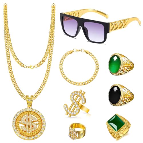 MeYuxg Zuhälter Kostüm 8 Stück, 70er 80er 90er Jahre Kostüm Herren, Goldkette, Sonnenbrille, Dollar Ringe für Gangster Gang Kostüm, Gold Digger Kostüm, Karneval, Fasching, Halloween MeYuxg Zuhälter Kostüm 8 Stück, 70er 80er 90er Jahre Kostüm Herren, Goldkette, Sonnenbrille, Dollar Ringe für Gangster Gang Kostüm, Gold Digger Kostüm, Karneval, Fasching, Halloween von MeYuxg
